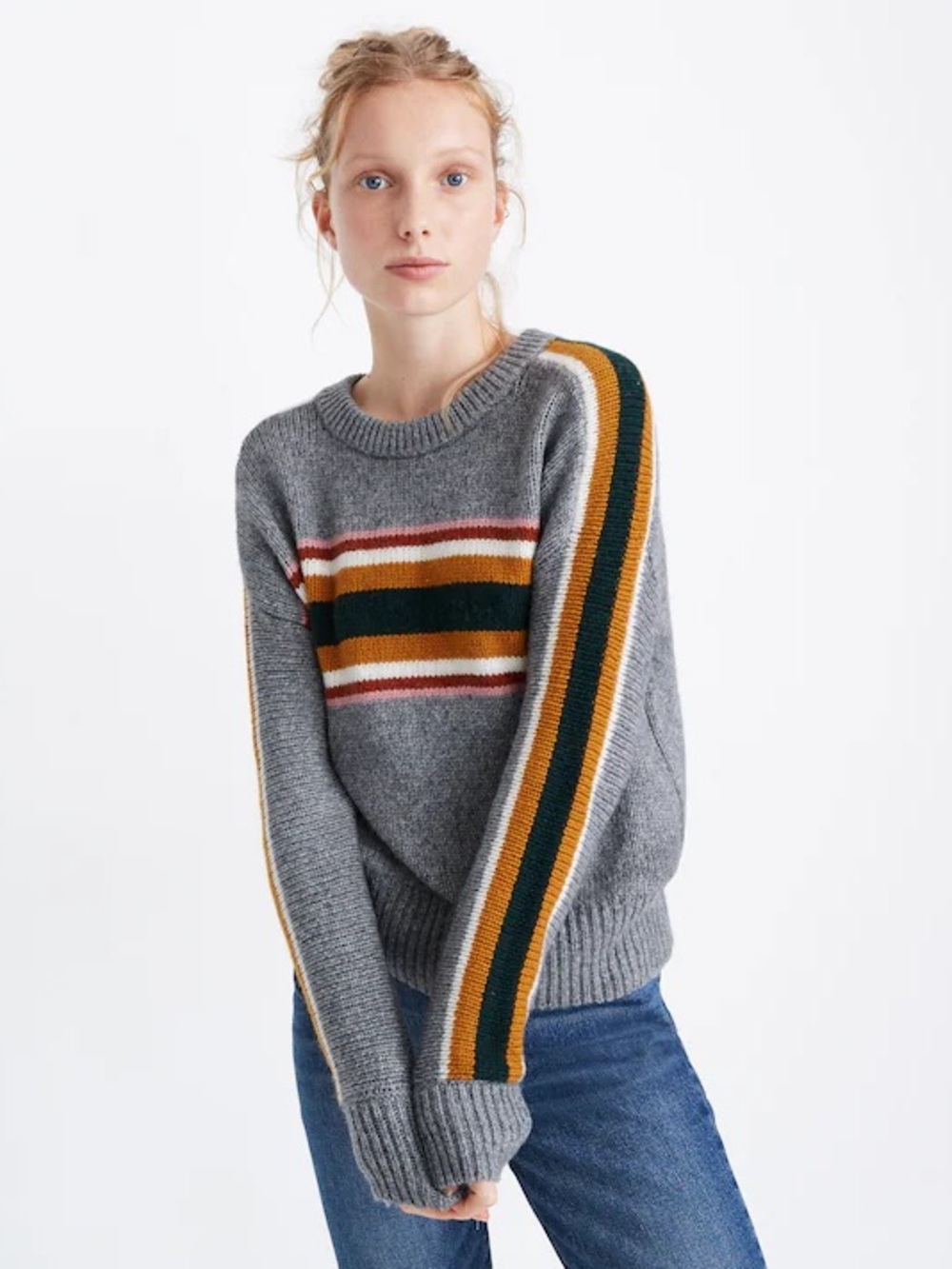 Madewell Striped Heath Pullover Sweater Gray Retro Rainbow Wool Blend L